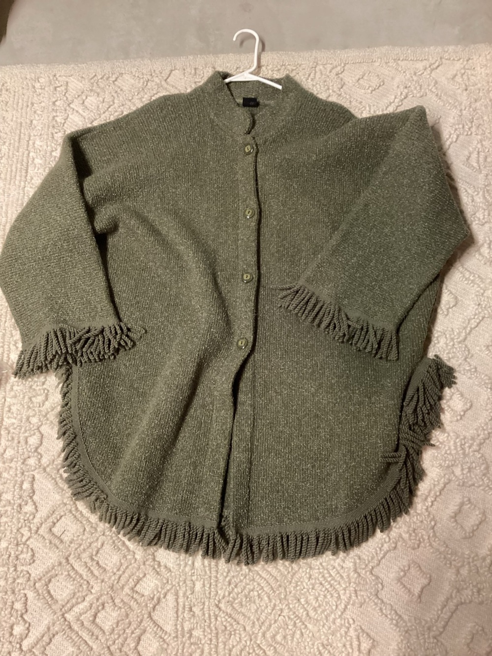 Olive green, heavy jacket.